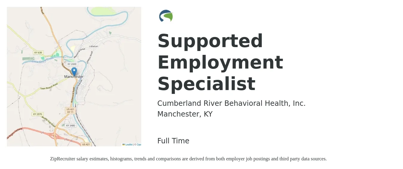 Cumberland River Behavioral Health, Inc. job posting for a Supported Employment Specialist in Manchester, KY with a salary of $27,800 to $52,700 Yearly with a map of Manchester location.