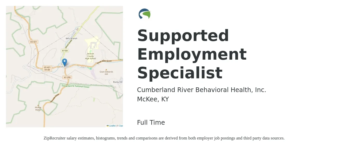 Cumberland River Behavioral Health, Inc. job posting for a Supported Employment Specialist in McKee, KY with a salary of $33,500 to $63,400 Yearly with a map of McKee location.