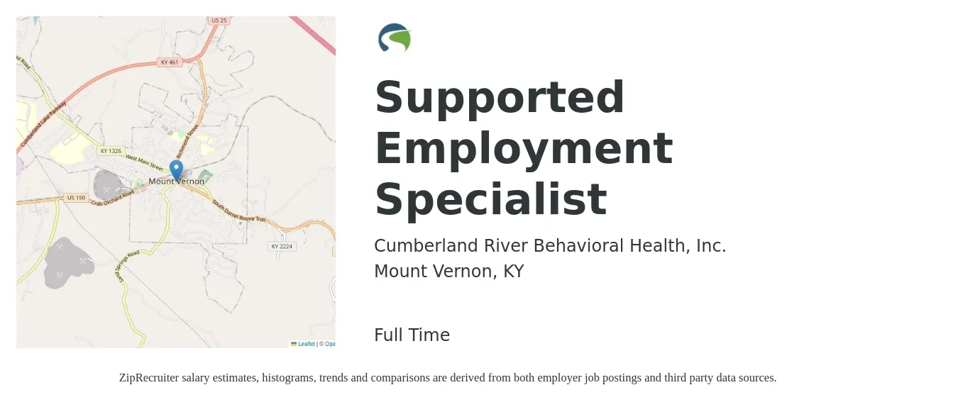 Cumberland River Behavioral Health, Inc. job posting for a Supported Employment Specialist in Mount Vernon, KY with a salary of $32,100 to $60,800 Yearly with a map of Mount Vernon location.