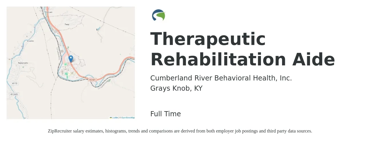 Cumberland River Behavioral Health, Inc. job posting for a Therapeutic Rehabilitation Aide in Grays Knob, KY with a salary of $14 to $20 Hourly with a map of Grays Knob location.