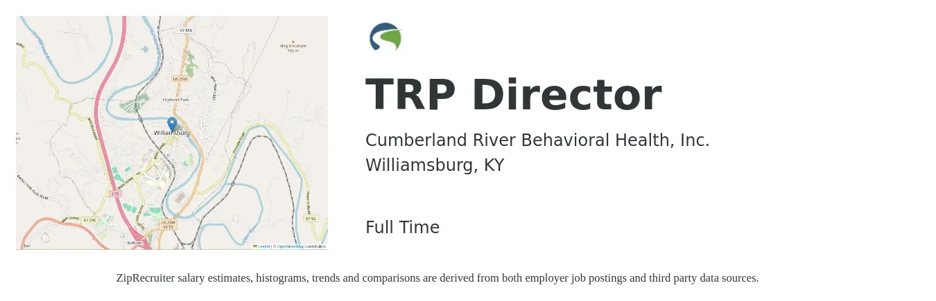 Cumberland River Behavioral Health, Inc. job posting for a TRP Director in Williamsburg, KY with a salary of $34,800 to $52,100 Yearly with a map of Williamsburg location.