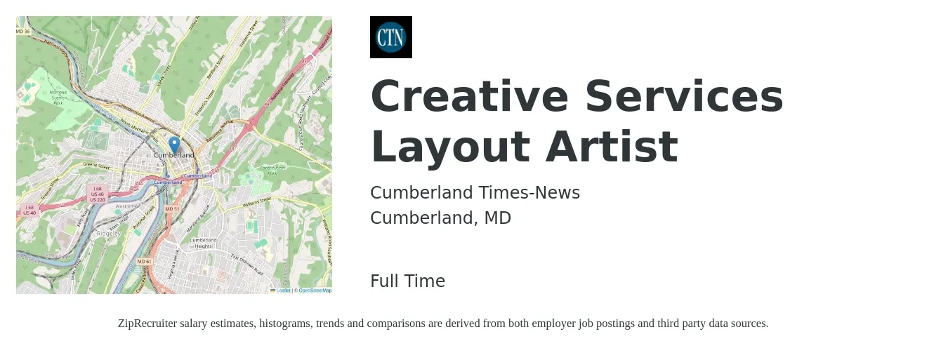 Cumberland Times-News job posting for a Creative Services Layout Artist in Cumberland, MD with a salary of $19 to $25 Hourly with a map of Cumberland location.