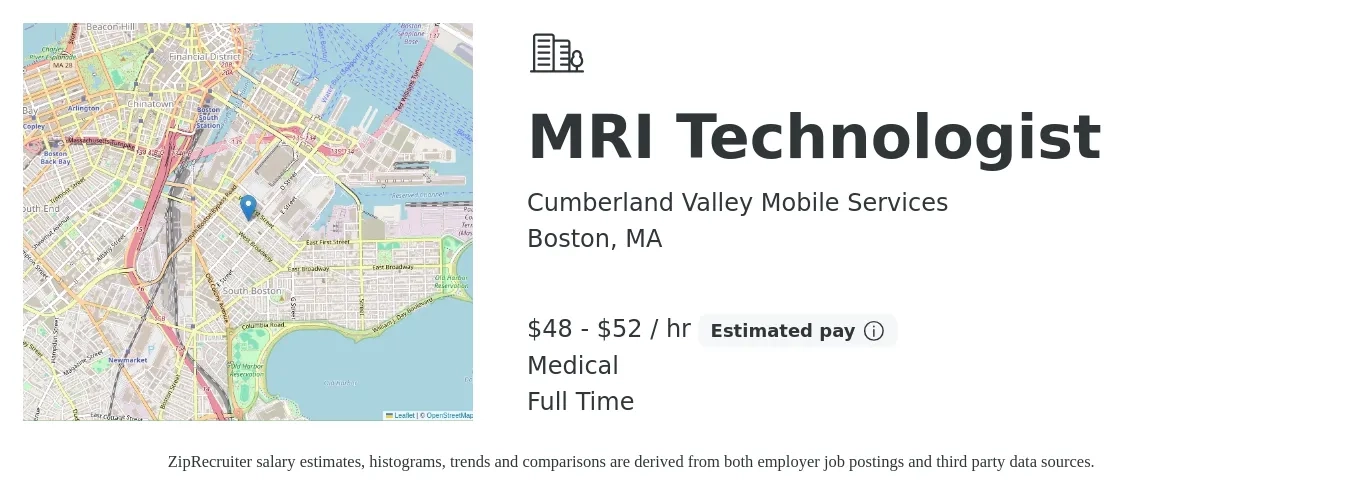 Cumberland Valley Mobile Services job posting for a MRI Technologist in Boston, MA with a salary of $50 to $55 Hourly and benefits including medical, and pto with a map of Boston location.