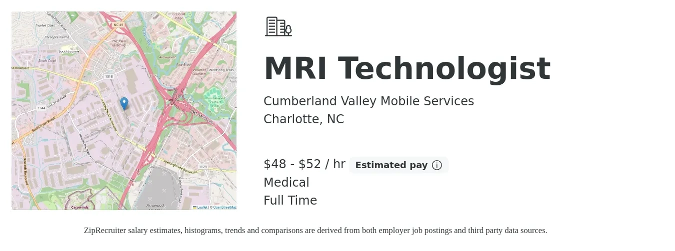 Cumberland Valley Mobile Services job posting for a MRI Technologist in Charlotte, NC with a salary of $50 to $55 Hourly and benefits including medical, and pto with a map of Charlotte location.