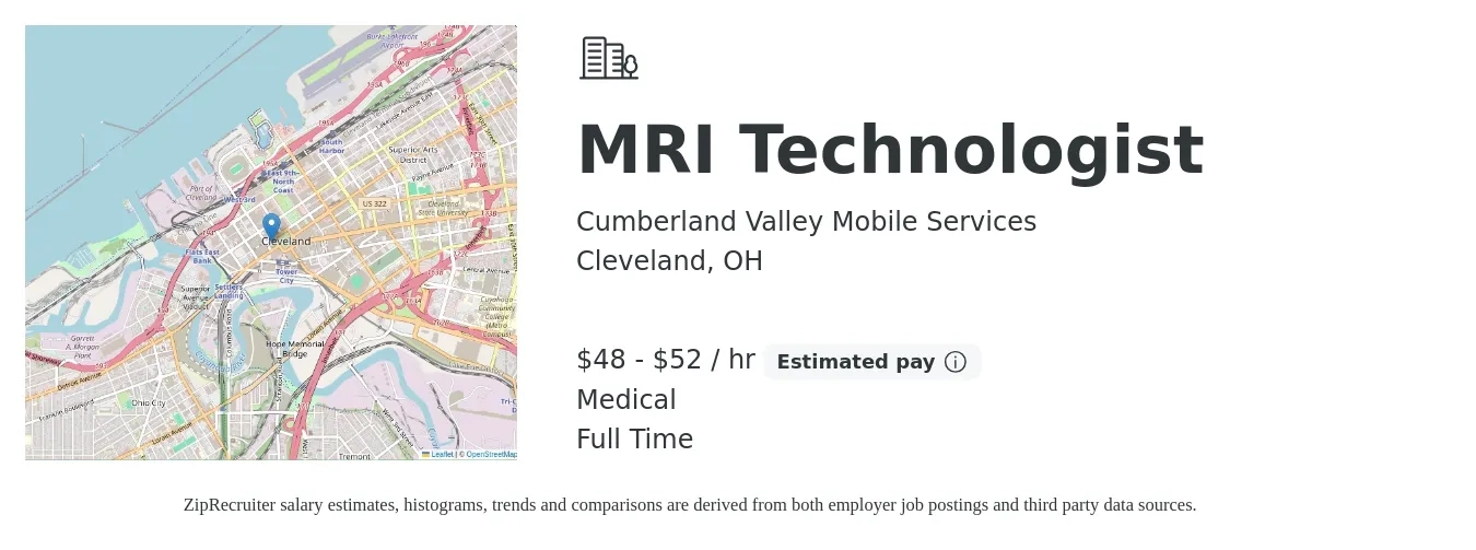 Cumberland Valley Mobile Services job posting for a MRI Technologist in Cleveland, OH with a salary of $50 to $55 Hourly and benefits including medical, and pto with a map of Cleveland location.