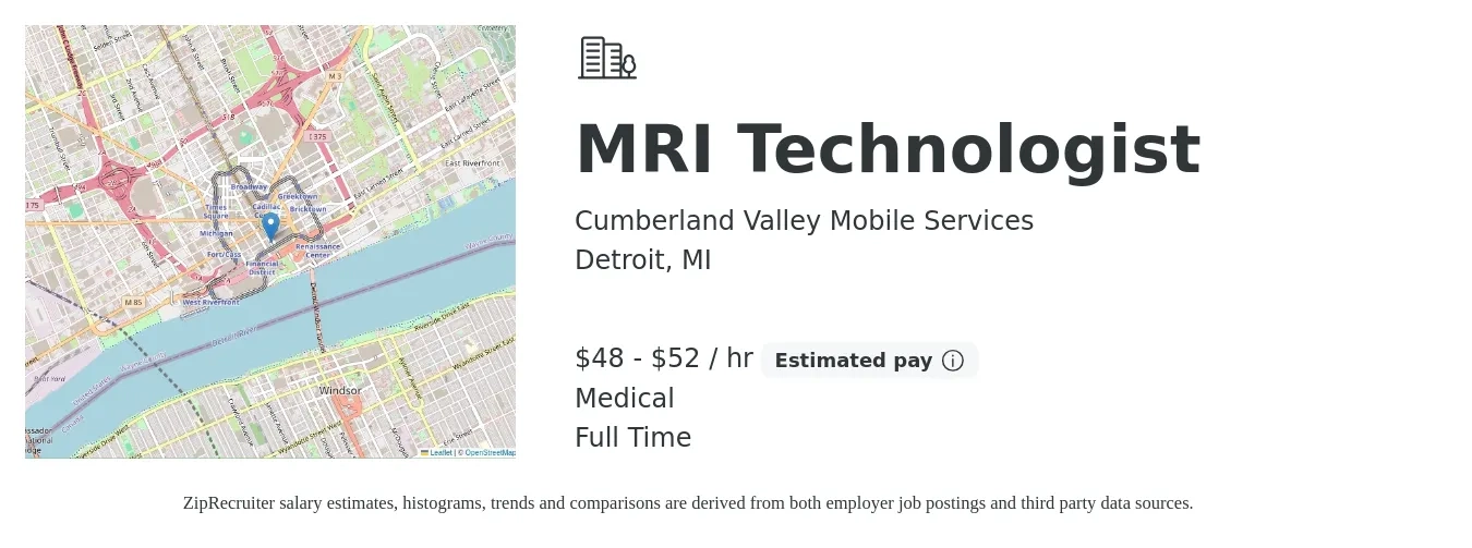 Cumberland Valley Mobile Services job posting for a MRI Technologist in Detroit, MI with a salary of $50 to $55 Hourly and benefits including medical, and pto with a map of Detroit location.