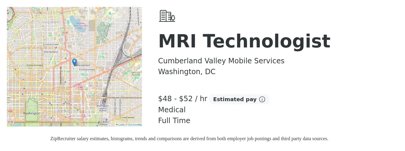 Cumberland Valley Mobile Services job posting for a MRI Technologist in Washington, DC with a salary of $50 to $55 Hourly and benefits including medical, and pto with a map of Washington location.