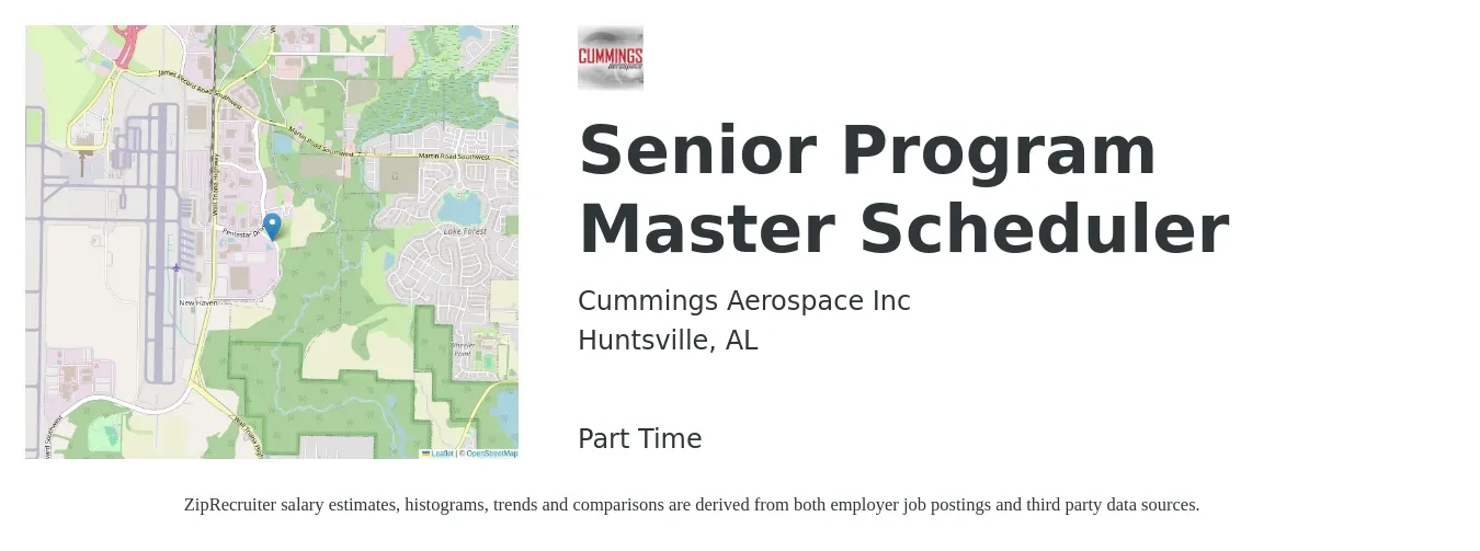 Cummings Aerospace Inc job posting for a Senior Program Master Scheduler in Huntsville, AL with a map of Huntsville location.