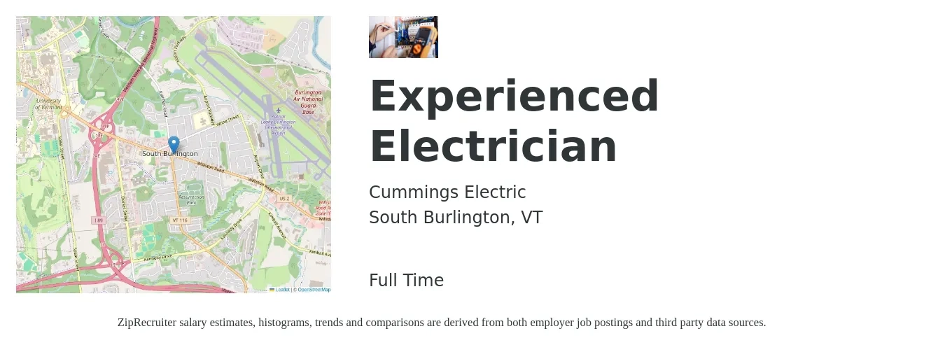 Cummings Electric job posting for a Experienced Electrician in South Burlington, VT with a salary of $25 to $34 Hourly with a map of South Burlington location.