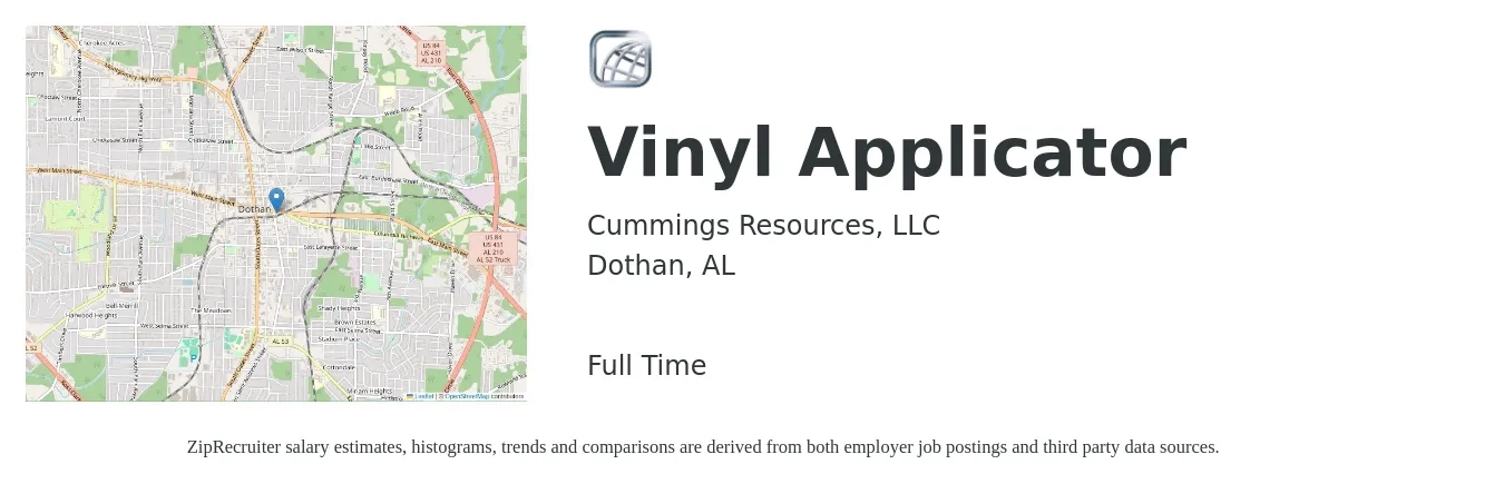 Cummings Resources, LLC job posting for a Vinyl Applicator in Dothan, AL with a salary of $16 to $22 Hourly with a map of Dothan location.
