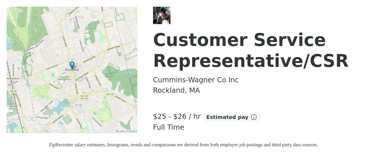 Cummins-Wagner Co Inc job posting for a Customer Service Representative/CSR in Rockland, MA with a salary of $26 to $28 Hourly with a map of Rockland location.