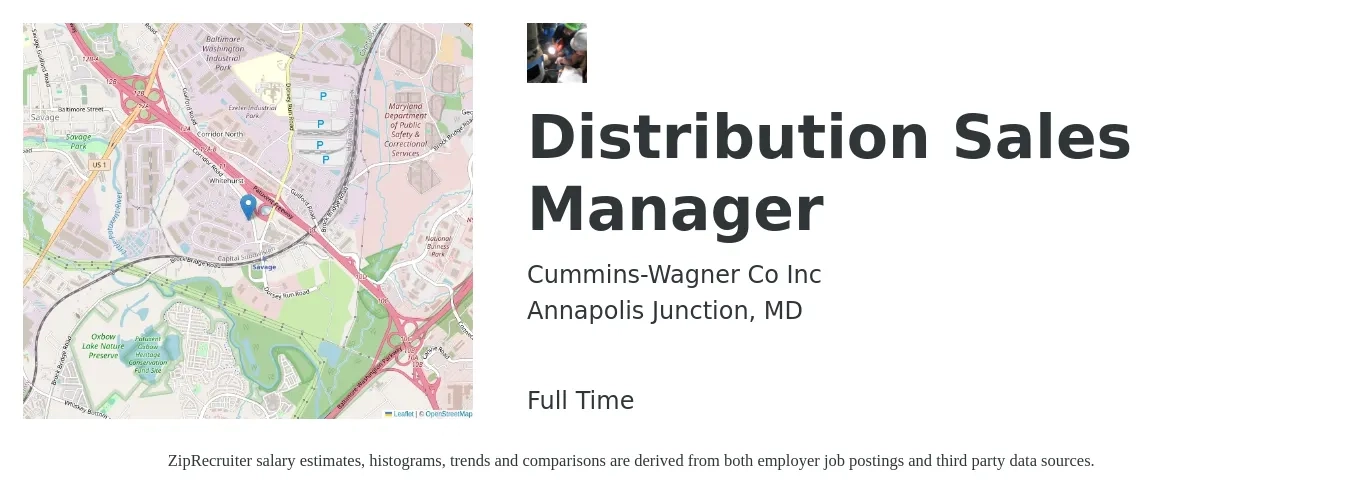 Cummins-Wagner Co Inc job posting for a Distribution Sales Manager in Annapolis Junction, MD with a salary of $61,300 to $117,000 Yearly with a map of Annapolis Junction location.