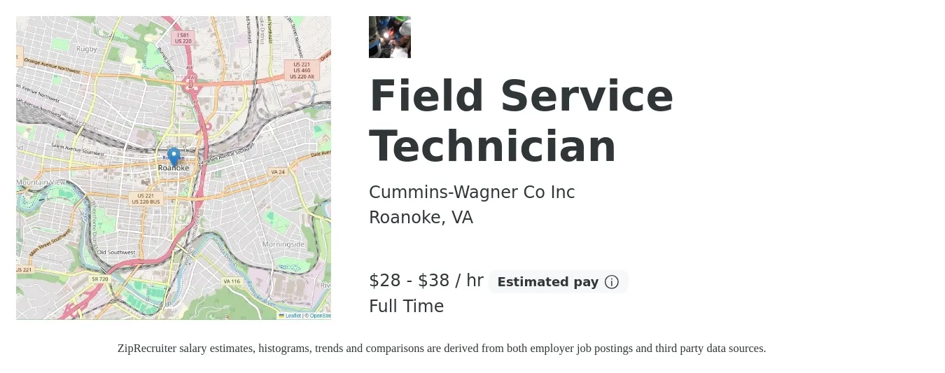 Cummins-Wagner Co Inc job posting for a Field Service Technician in Roanoke, VA with a salary of $30 to $40 Hourly with a map of Roanoke location.