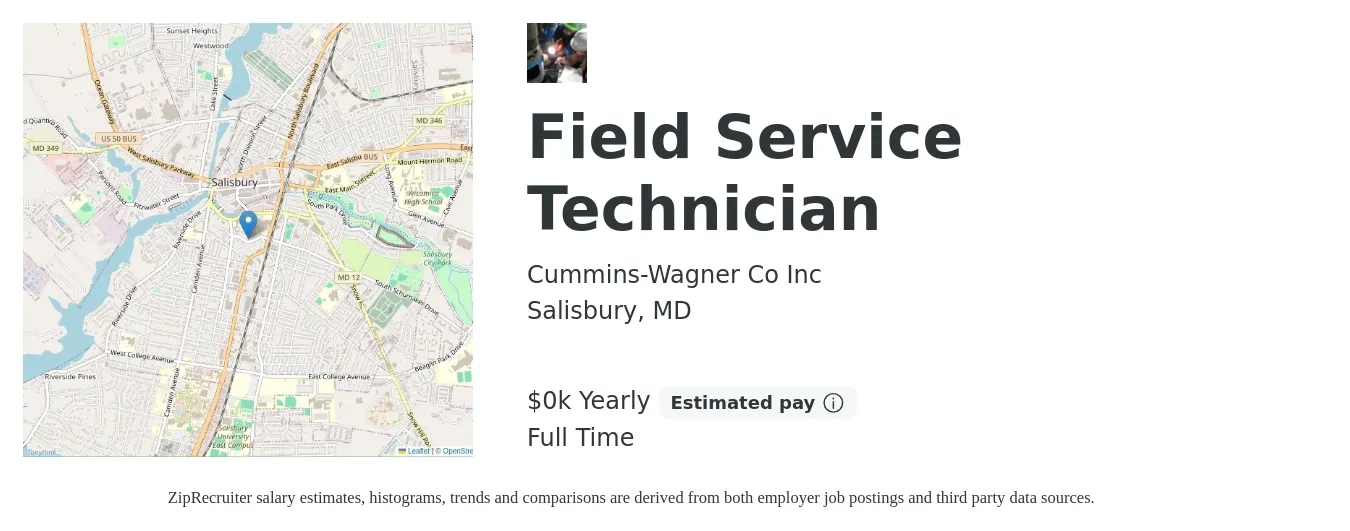 Cummins-Wagner Co Inc job posting for a Field Service Technician in Salisbury, MD with a salary of $25 to $35 Yearly with a map of Salisbury location.