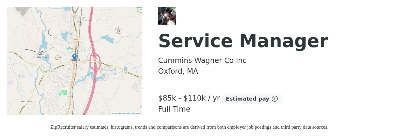 Cummins-Wagner Co Inc job posting for a Service Manager in Oxford, MA with a salary of $85,000 to $110,000 Yearly with a map of Oxford location.