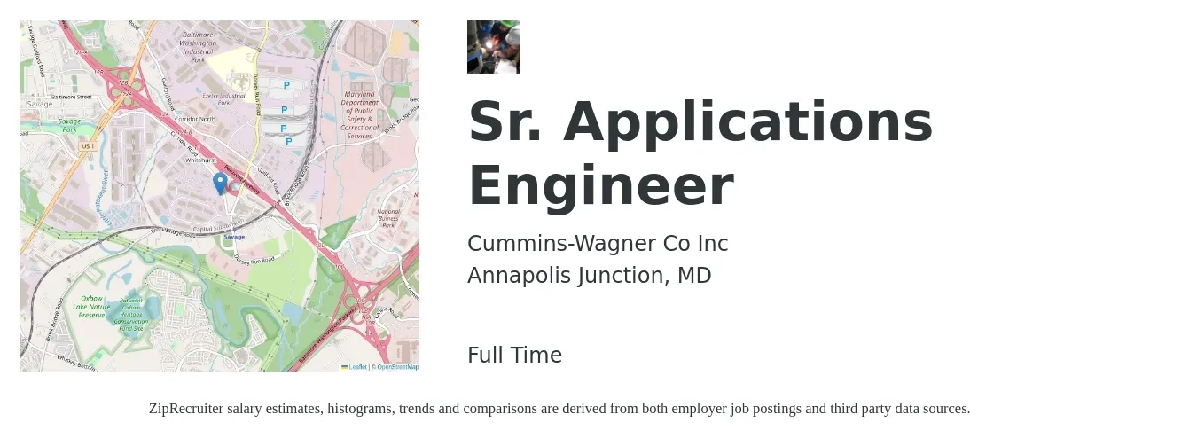 Cummins-Wagner Co Inc job posting for a Sr. Applications Engineer in Annapolis Junction, MD with a salary of $110,300 to $147,600 Yearly with a map of Annapolis Junction location.