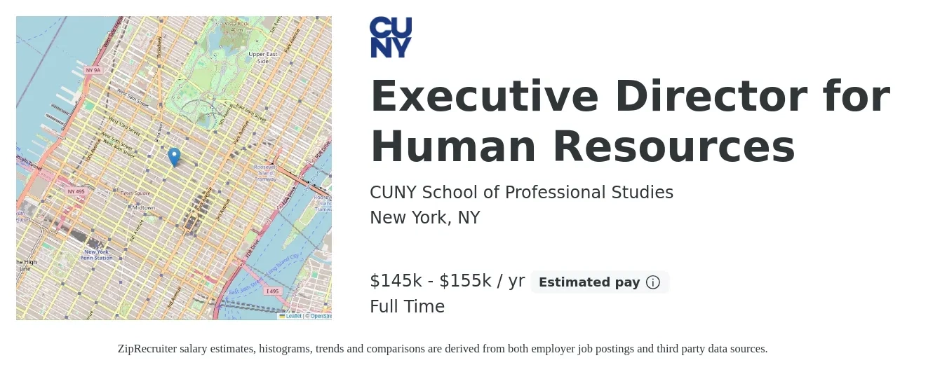 CUNY School of Professional Studies job posting for a Executive Director for Human Resources in New York, NY with a salary of $145,000 to $155,000 Yearly with a map of New York location.