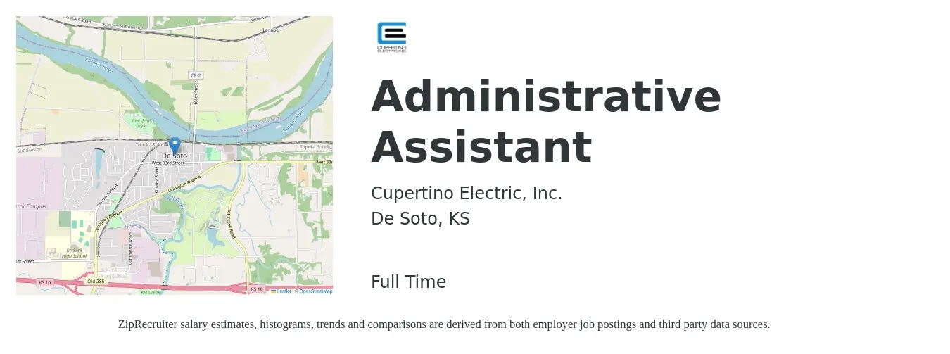 Cupertino Electric, Inc. job posting for a Administrative Assistant in De Soto, KS with a salary of $24 Hourly with a map of De Soto location.