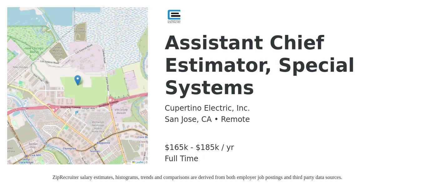 Cupertino Electric, Inc. job posting for a Assistant Chief Estimator, Special Systems in San Jose, CA with a salary of $165,000 to $185,000 Yearly with a map of San Jose location.
