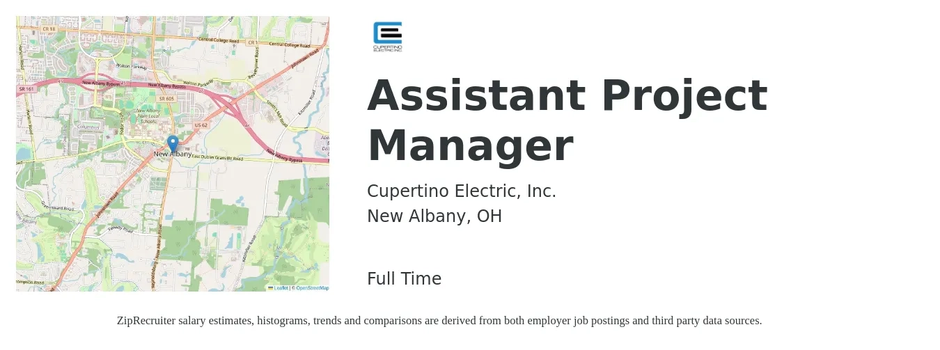 Cupertino Electric, Inc. job posting for a Assistant Project Manager in New Albany, OH with a salary of $80,000 to $105,000 Yearly with a map of New Albany location.