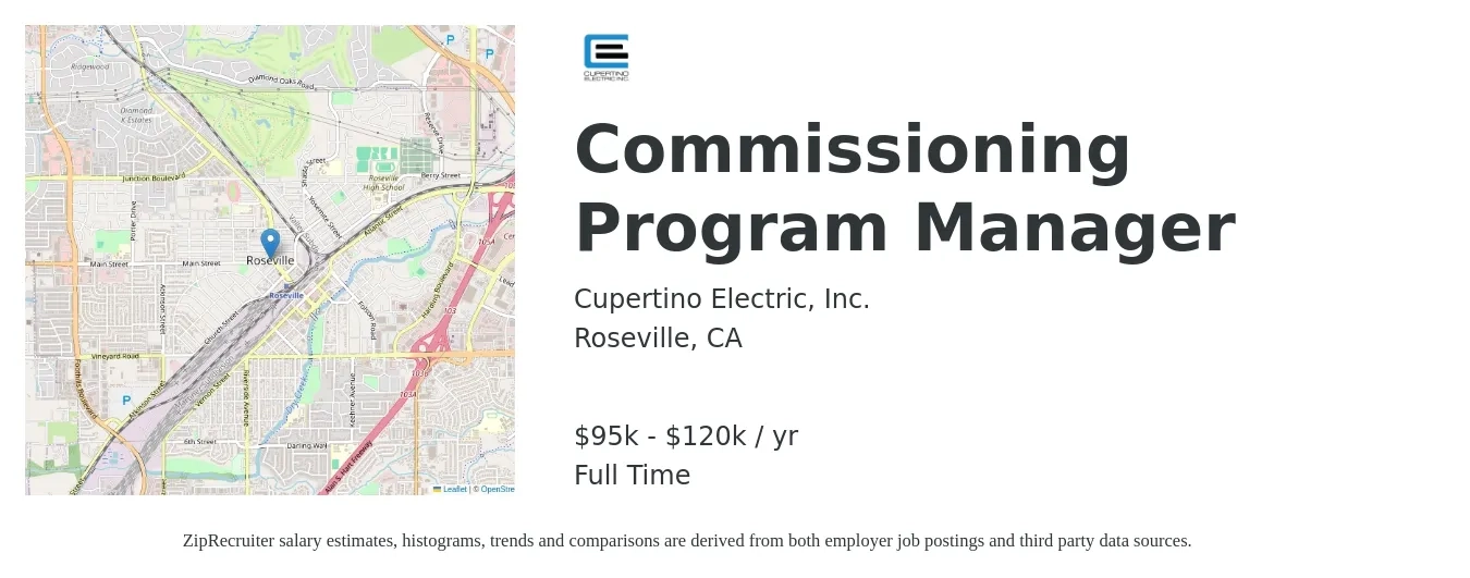 Cupertino Electric, Inc. job posting for a Commissioning Program Manager in Roseville, CA with a salary of $95,000 to $120,000 Yearly with a map of Roseville location.
