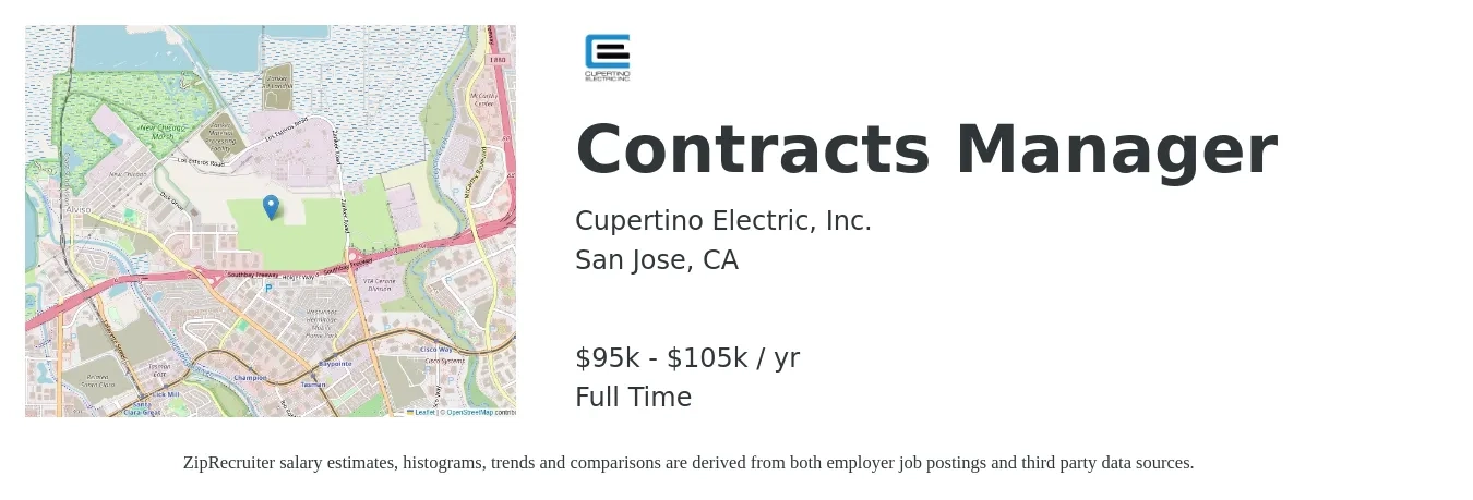 Cupertino Electric, Inc. job posting for a Contracts Manager in San Jose, CA with a salary of $95,000 to $105,000 Yearly with a map of San Jose location.