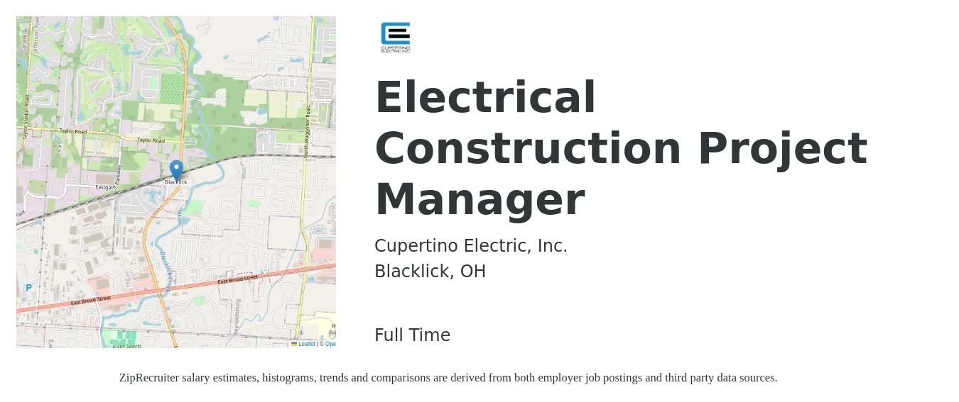 Cupertino Electric, Inc. job posting for a Electrical Construction Project Manager in Blacklick, OH with a salary of $120,000 to $150,000 Yearly with a map of Blacklick location.