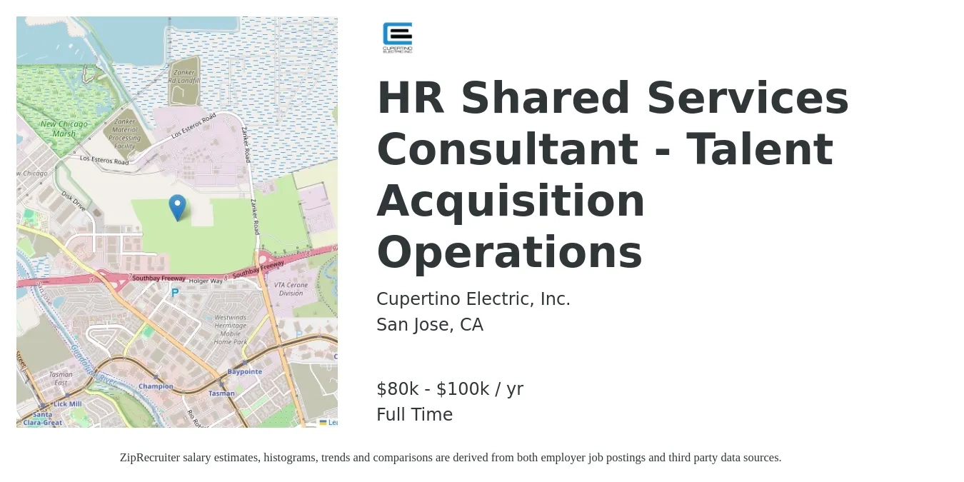 Cupertino Electric, Inc. job posting for a HR Shared Services Consultant - Talent Acquisition Operations in San Jose, CA with a salary of $80,000 to $100,000 Yearly with a map of San Jose location.