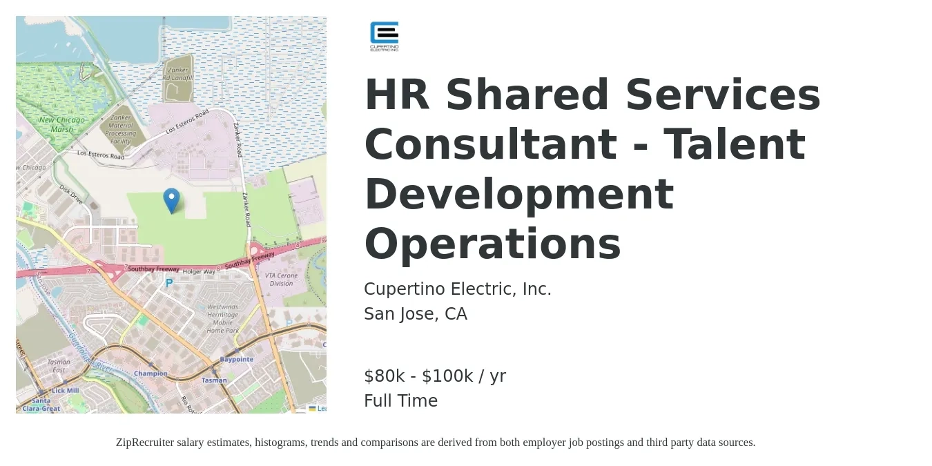 Cupertino Electric, Inc. job posting for a HR Shared Services Consultant - Talent Development Operations in San Jose, CA with a salary of $80,000 to $100,000 Yearly with a map of San Jose location.