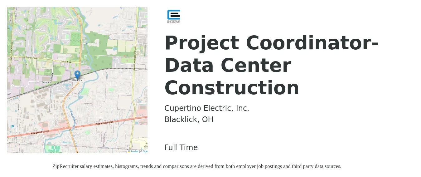 Cupertino Electric, Inc. job posting for a Project Coordinator- Data Center Construction in Blacklick, OH with a salary of $29 Hourly with a map of Blacklick location.