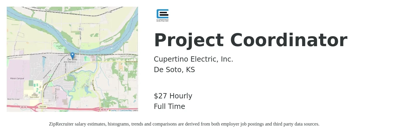 Cupertino Electric, Inc. job posting for a Project Coordinator in De Soto, KS with a salary of $29 Hourly with a map of De Soto location.