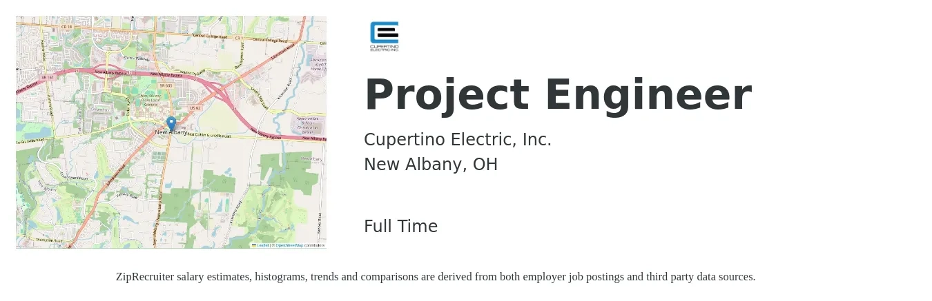 Cupertino Electric, Inc. job posting for a Project Engineer in New Albany, OH with a salary of $65,000 to $75,000 Yearly with a map of New Albany location.