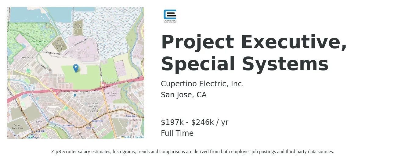 Cupertino Electric, Inc. job posting for a Project Executive, Special Systems in San Jose, CA with a salary of $197,000 to $246,000 Yearly with a map of San Jose location.
