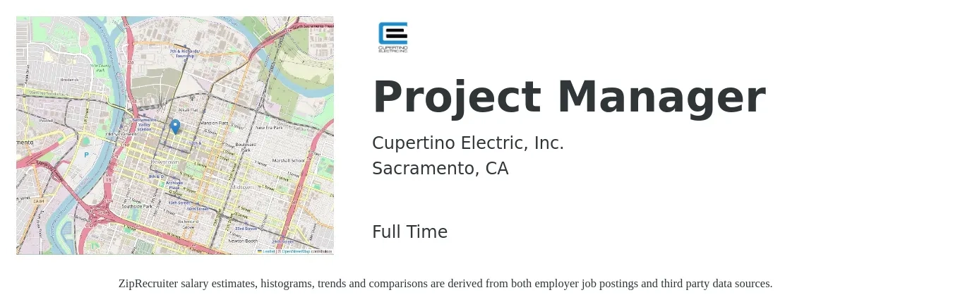 Cupertino Electric, Inc. job posting for a Project Manager in Sacramento, CA with a salary of $120,000 to $140,000 Yearly with a map of Sacramento location.