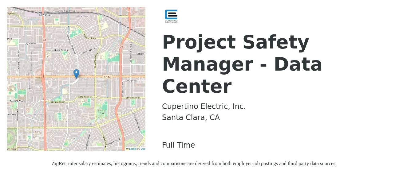 Cupertino Electric, Inc. job posting for a Project Safety Manager - Data Center in Santa Clara, CA with a salary of $95,000 to $120,000 Yearly with a map of Santa Clara location.