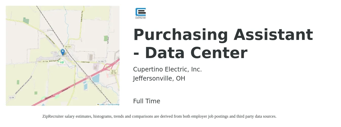 Cupertino Electric, Inc. job posting for a Purchasing Assistant - Data Center in Jeffersonville, OH with a salary of $60,000 to $70,000 Yearly with a map of Jeffersonville location.