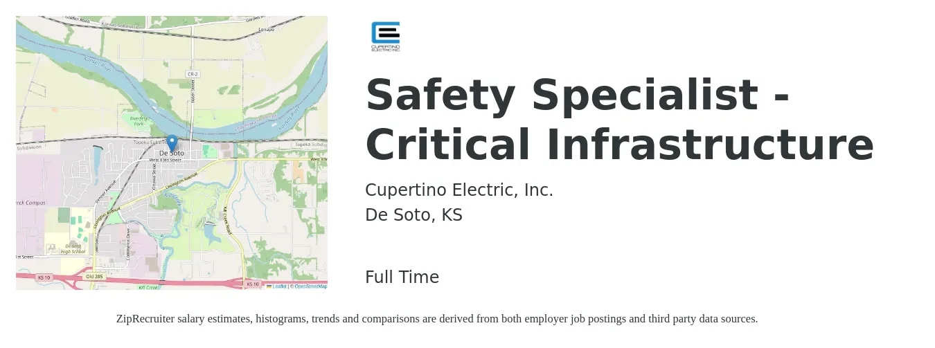 Cupertino Electric, Inc. job posting for a Safety Specialist - Critical Infrastructure in De Soto, KS with a salary of $69,000 to $86,000 Yearly with a map of De Soto location.