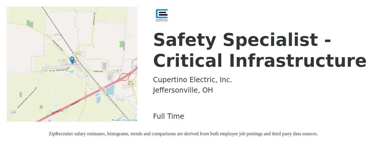 Cupertino Electric, Inc. job posting for a Safety Specialist - Critical Infrastructure in Jeffersonville, OH with a salary of $69,000 to $86,000 Yearly with a map of Jeffersonville location.