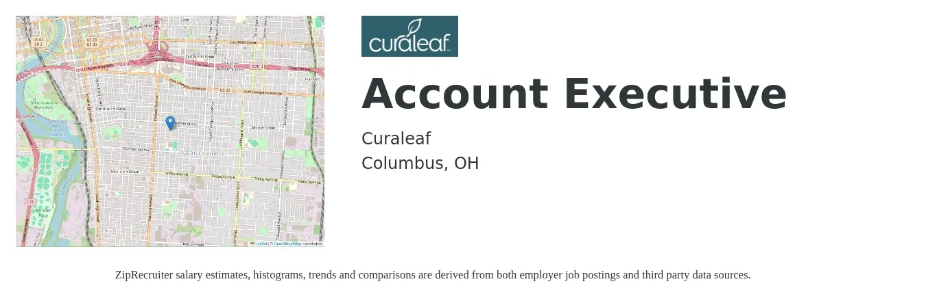 Curaleaf job posting for a Account Executive in Columbus, OH with a salary of $50,500 to $88,800 Yearly with a map of Columbus location.