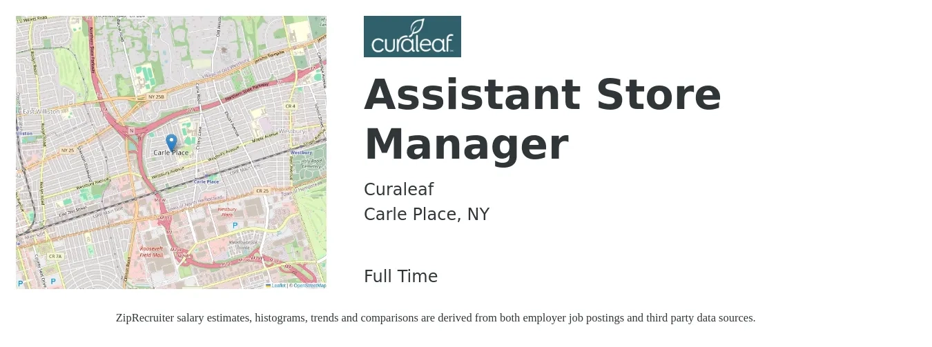 Curaleaf job posting for a Assistant Store Manager in Carle Place, NY with a salary of $16 to $23 Hourly with a map of Carle Place location.