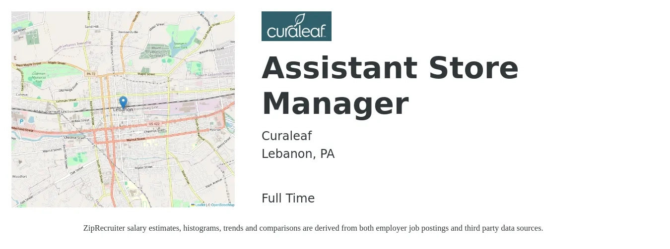 Curaleaf job posting for a Assistant Store Manager in Lebanon, PA with a salary of $16 to $22 Hourly with a map of Lebanon location.