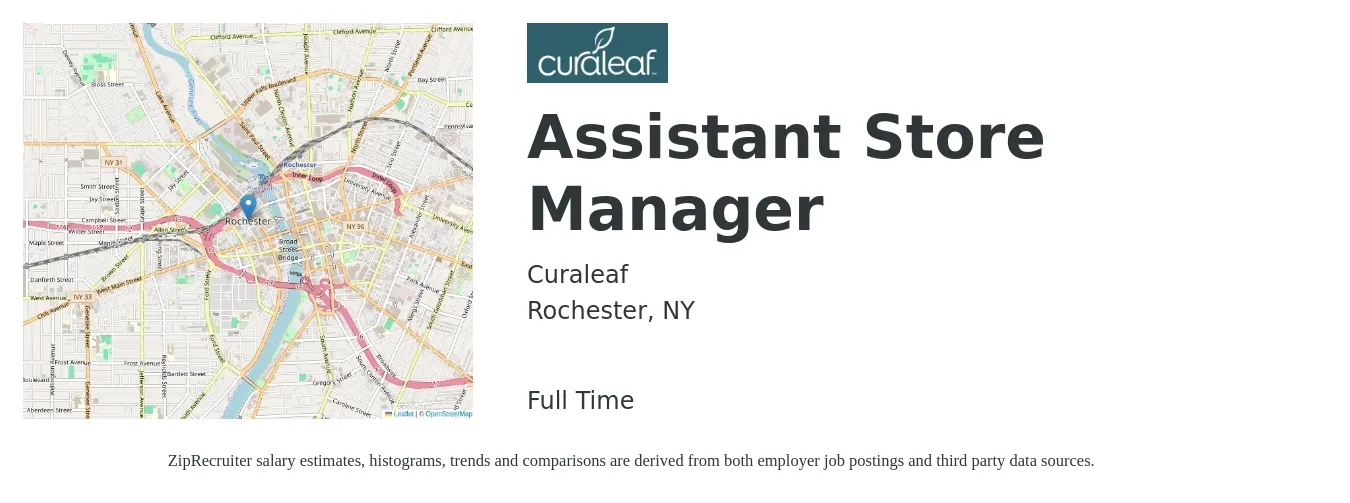 Curaleaf job posting for a Assistant Store Manager in Rochester, NY with a salary of $16 to $22 Hourly with a map of Rochester location.