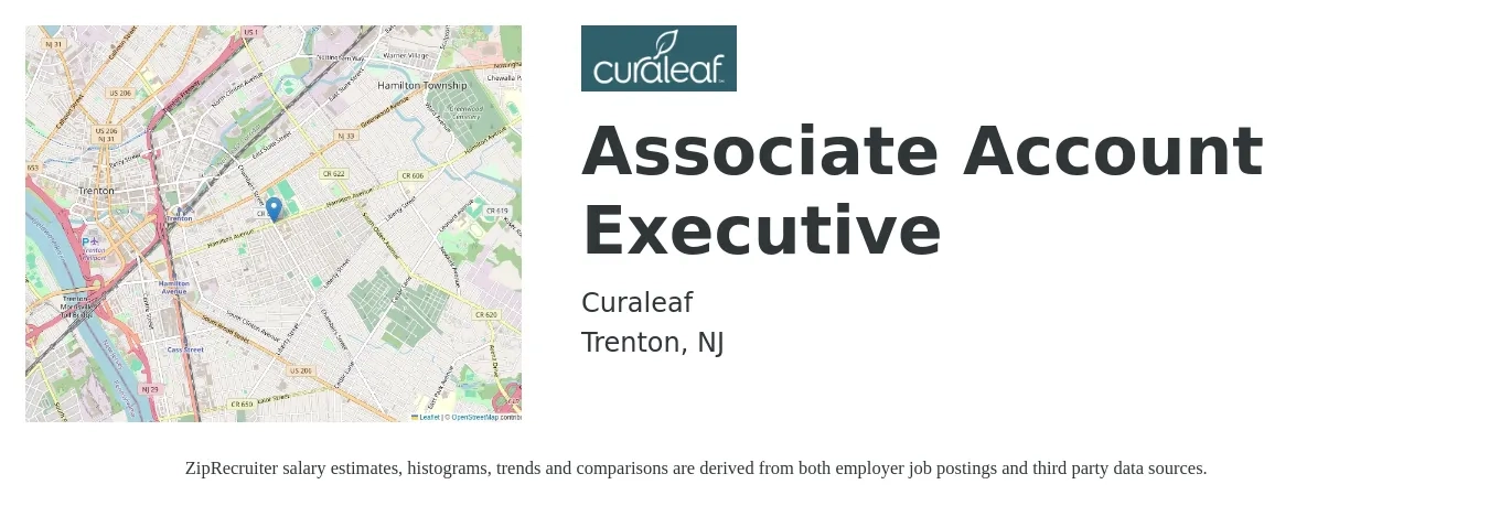 Curaleaf job posting for a Associate Account Executive in Trenton, NJ with a salary of $53,100 to $64,700 Yearly with a map of Trenton location.