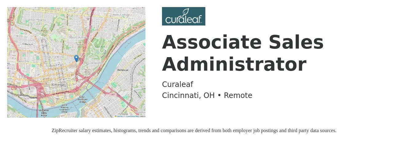 Curaleaf job posting for a Associate Sales Administrator in Cincinnati, OH with a salary of $19 to $26 Hourly with a map of Cincinnati location.