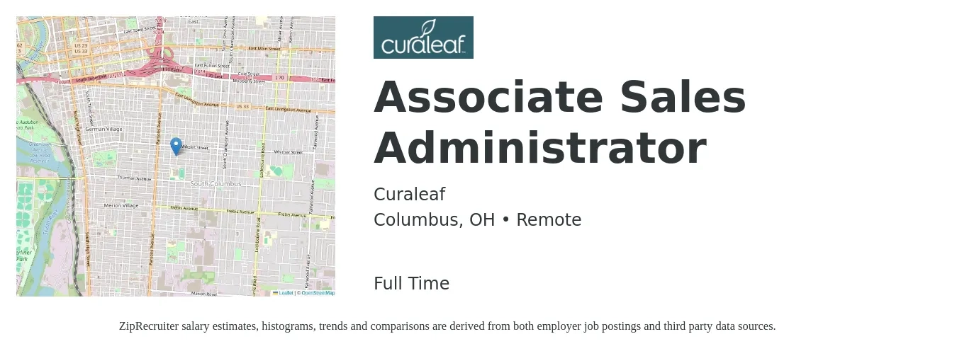Curaleaf job posting for a Associate Sales Administrator in Columbus, OH with a salary of $19 to $26 Hourly with a map of Columbus location.
