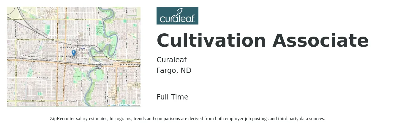Curaleaf job posting for a Cultivation Associate in Fargo, ND with a salary of $15 to $19 Hourly with a map of Fargo location.