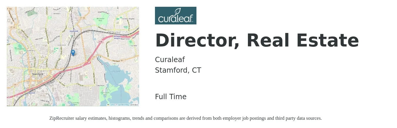 Curaleaf job posting for a Director, Real Estate in Stamford, CT with a salary of $96,000 to $154,600 Yearly with a map of Stamford location.