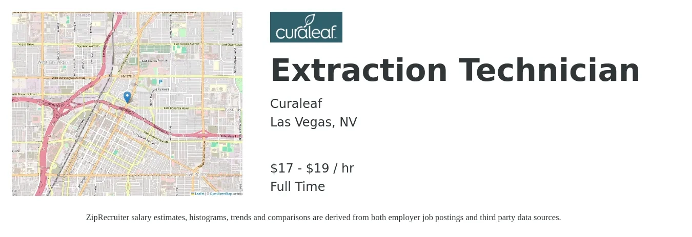 Curaleaf job posting for a Extraction Technician in Las Vegas, NV with a salary of $18 to $20 Hourly with a map of Las Vegas location.