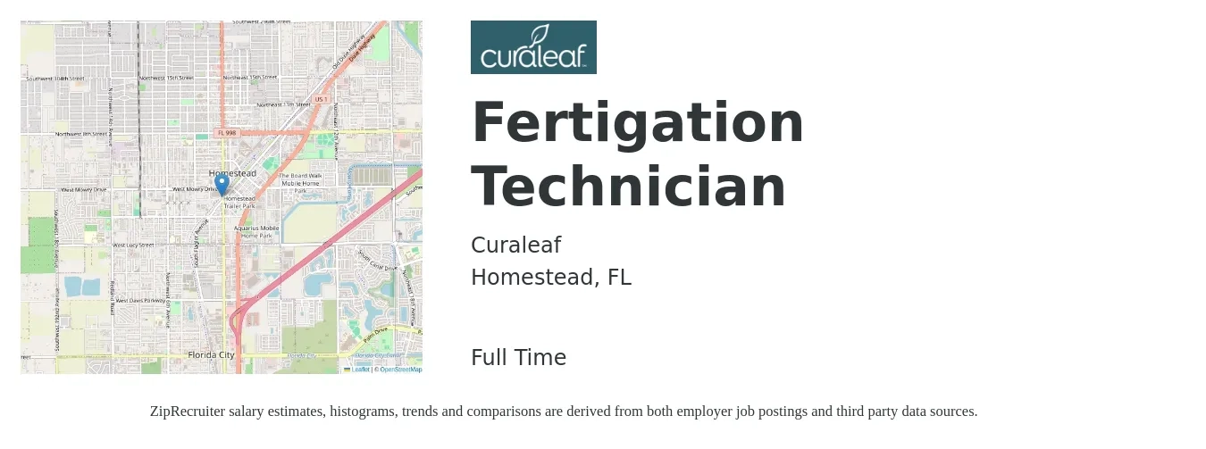 Curaleaf job posting for a Fertigation Technician in Homestead, FL with a salary of $34,400 to $34,900 Yearly with a map of Homestead location.
