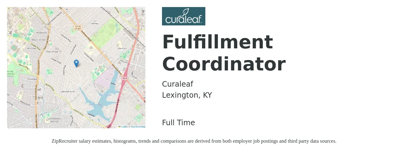 Curaleaf job posting for a Fulfillment Coordinator in Lexington, KY with a salary of $18 to $26 Hourly with a map of Lexington location.